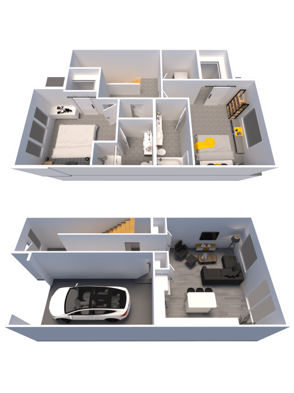 a top and bottom view of a 3d floor plan of a house