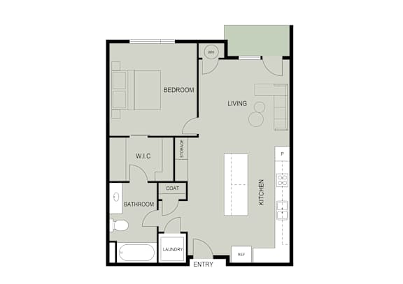 A floor plan of a house with a bedroom, living room, kitchen, bathroom, laundry, and entry.