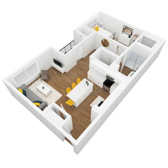 A white and wood floor plan of a house with a kitchen, living room, and bathroom.
