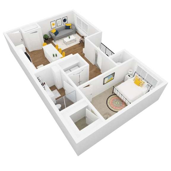 A white room with a couch, a chair, a table, and a rug.