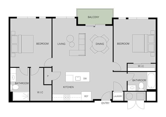 A floor plan of a house with a balcony, two bedrooms, a living room, a dining room, a kitchen, a bathroom, a washroom, and an entry.