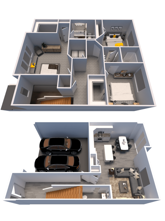 a top view of a house and a floor plan with a car