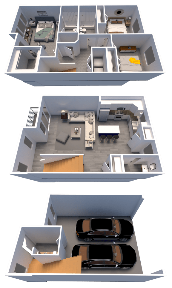 a 3d floor plan of a house and a car