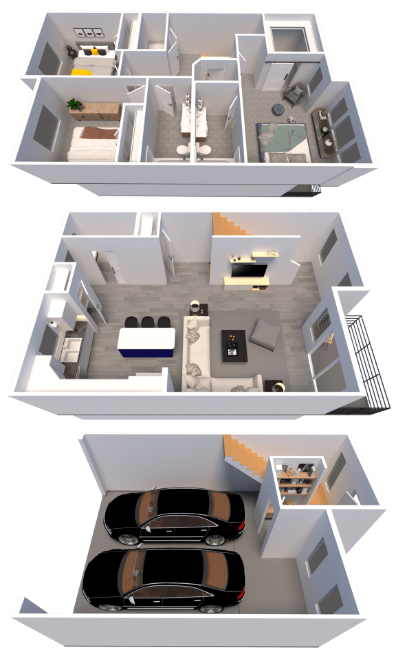 a 3d rendering of the interior of a house and a car
