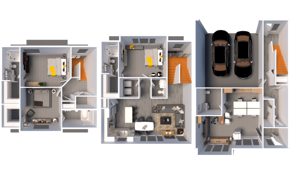 a floor plan of three differentartments of a house