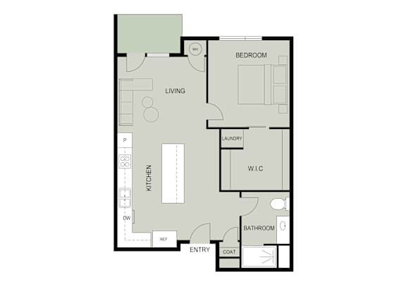 A floor plan of a house with a living room, kitchen, bathroom, bedroom, laundry, and W.I.C.