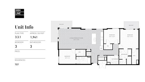 A floor plan for a high line unit with 3 bedrooms and 3 bathrooms.