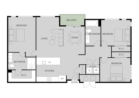A floor plan of a house with a balcony and a living room.