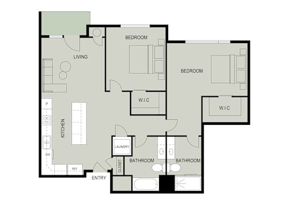 A floor plan of an apartment with two bedrooms, a living room, a kitchen, a laundry room, and two bathrooms.