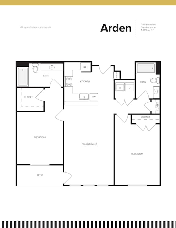 A black and white image of a floor plan for a two bedroom, one bath apartment.