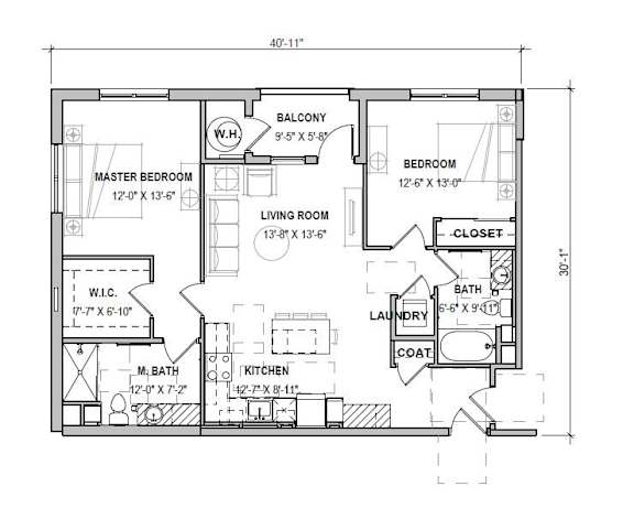 A floor plan of a house with a balcony, two bedrooms, a living room, a kitchen, a laundry area, and a closet.