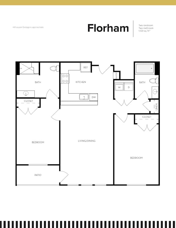 A black and white image of a floor plan for a two-bedroom apartment.