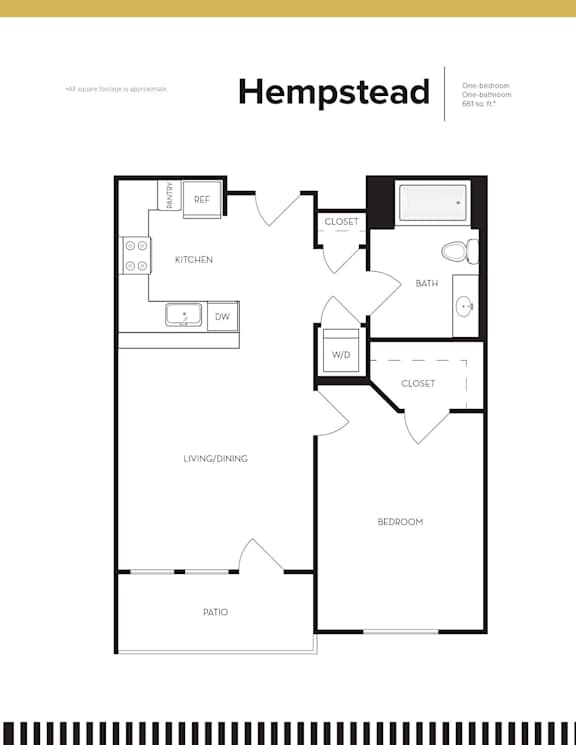 A floor plan of a one-bedroom apartment at Hempstead.