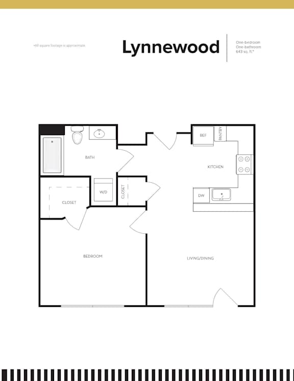 A floor plan of a one bedroom apartment with a living room, kitchen, bathroom, and closet.