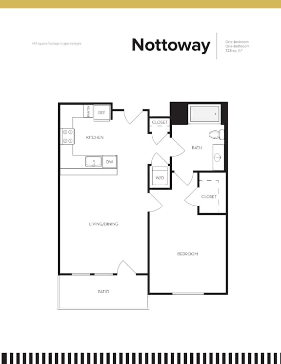 A black and white image of a floor plan for a one-bedroom apartment.