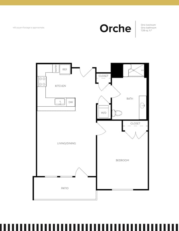 A black and white floor plan of a one bedroom apartment.