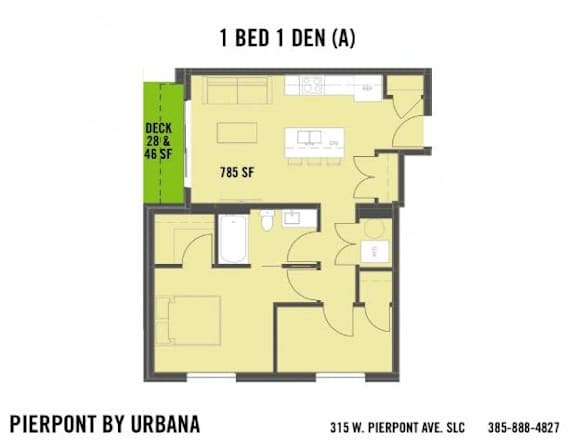 A floor plan for a 1 bedroom apartment at Pierpont by Urbana.