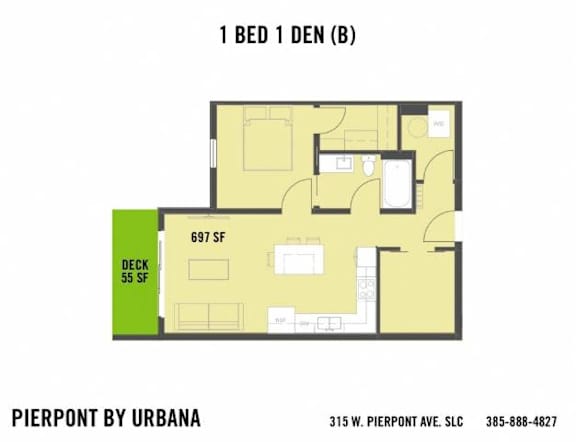 A floor plan for a 1 bedroom, 1 den apartment at Pierpont by Urbana.