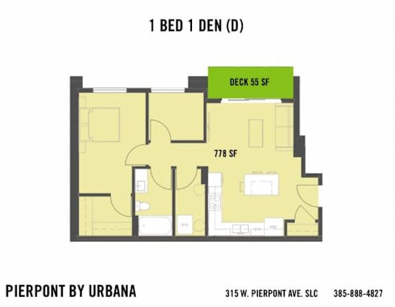 A floor plan for a 1 bedroom, 1 den apartment with a deck.