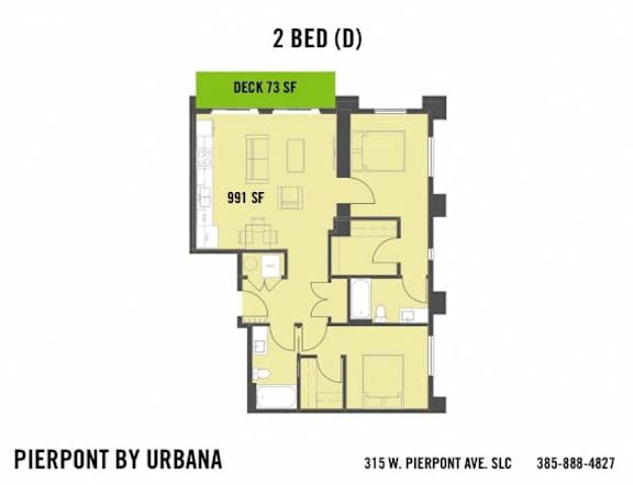 A floor plan for a 2 bedroom apartment at Pierpont by Urbana.