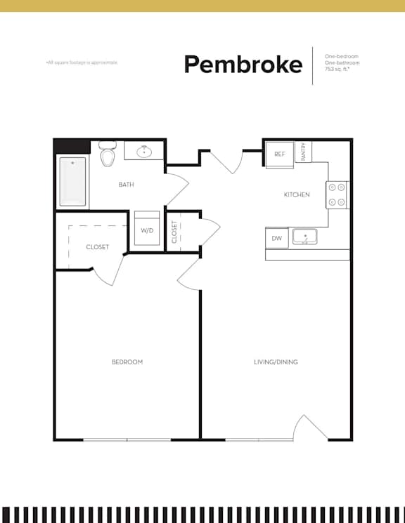 A black and white floor plan of a Pembroke apartment.