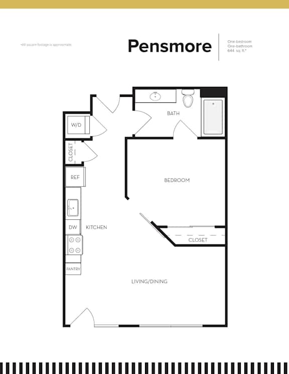 A floor plan of a one-bedroom apartment with a living/dining area, kitchen, bathroom, and closet.