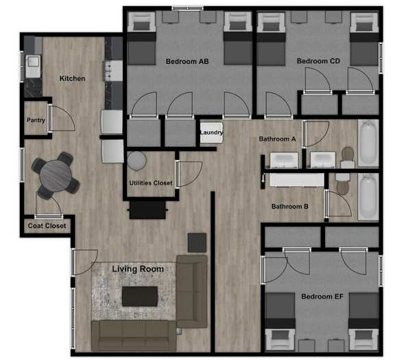 A floor plan of a house with a living room, kitchen, pantry, and four bedrooms.