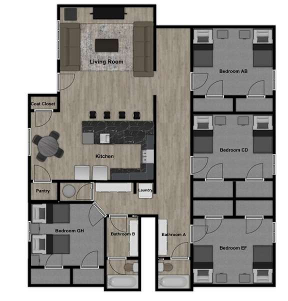 A floor plan of a house with a living room, kitchen, pantry, bathrooms, and bedrooms.