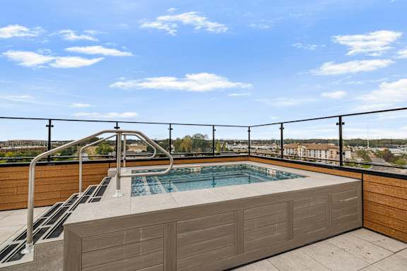 A rooftop pool with a ladder and a view of the city.