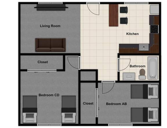 A floor plan of a house with a living room, kitchen, two bedrooms and two closets.