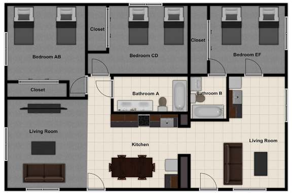A floor plan of an apartment with three bedrooms, two living rooms, a kitchen, and two bathrooms.