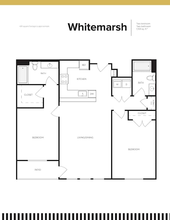 A black and white image of a floor plan for a Whitemarsh apartment.