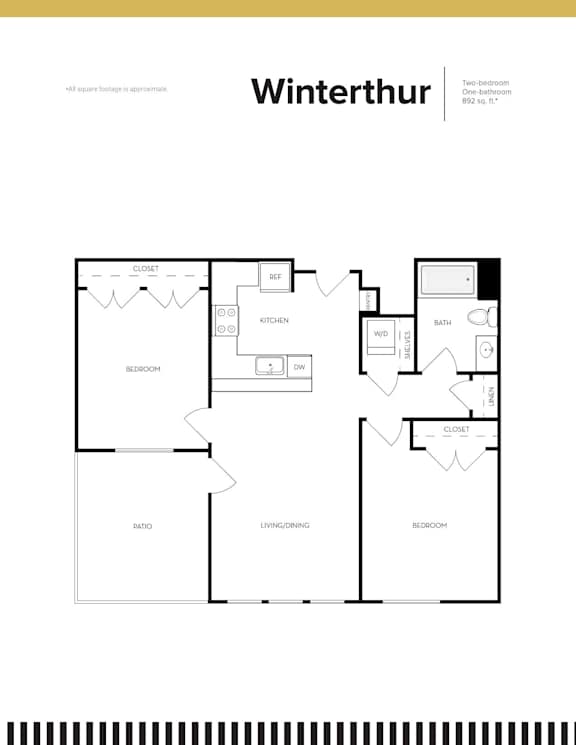 A floor plan of a Winterthur apartment with two bedrooms and a living area.