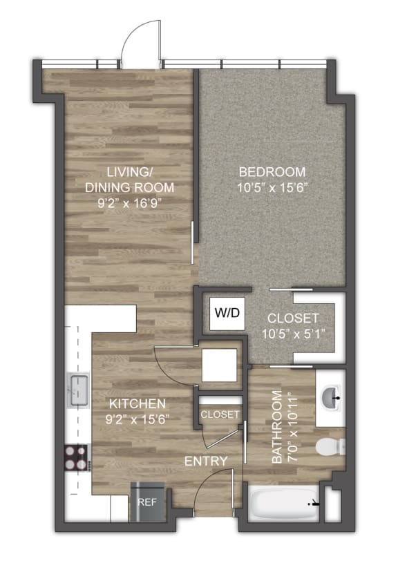 a floor plan of a studio apartment with a bedroom and a living room