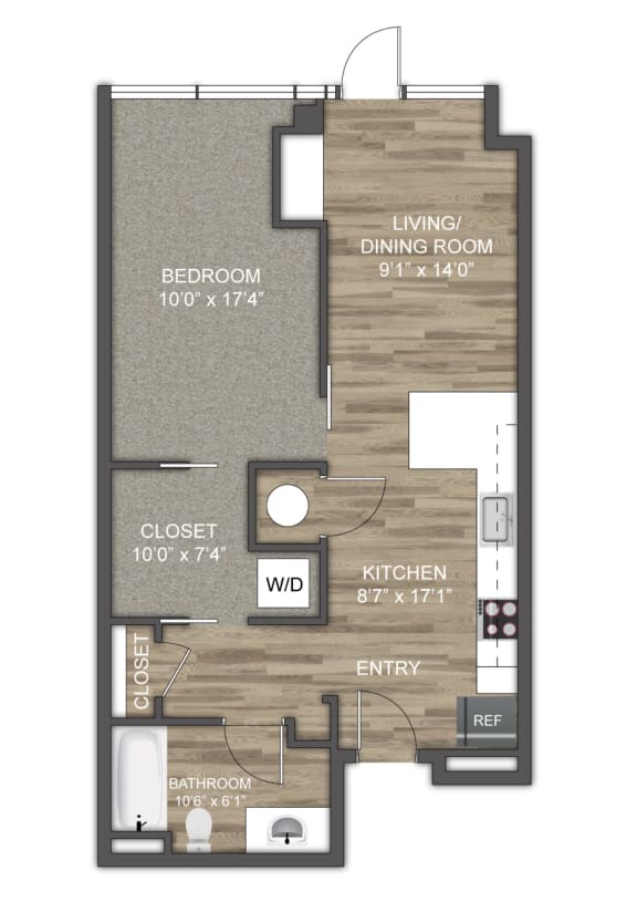 a floor plan of a studio apartment with a bedroom and a living room