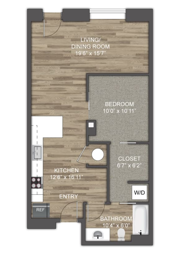 a floor plan of a studio apartment with a bedroom and a living room