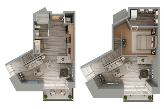 two floor plan of a house with a bedroom and a living room