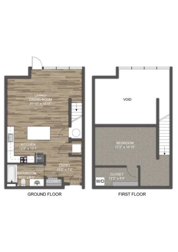 a floor plan of a studio apartment with a bedroom and a living room