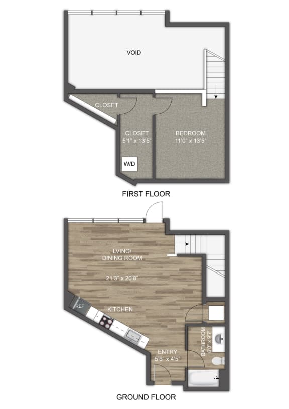 a floor plan of a first floor apartment with a bedroom and a living room