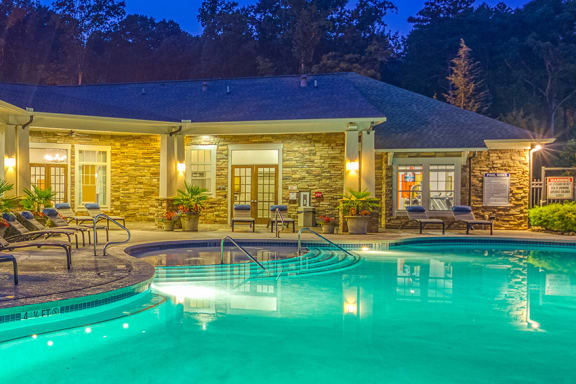 The Oaks at Johns Creek swimming pool at dusk