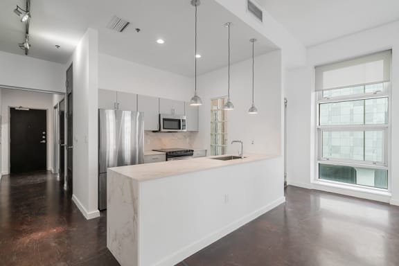 Quartz waterfall kitchen countertops* - Main 3 Downtown