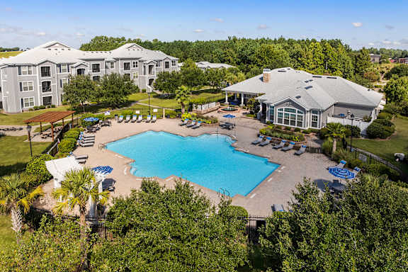 Aerial of resort-style swimming pool - Courtney Station Apartments