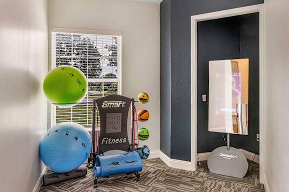 Fully-equipped fitness center with On Demand fitness workout - Lantern Woods Apartments