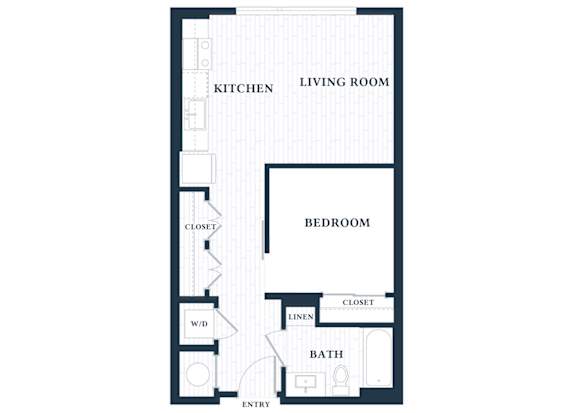 A floor plan of a house with a kitchen, living room, two closets, a bath, a bedroom, and an entry.