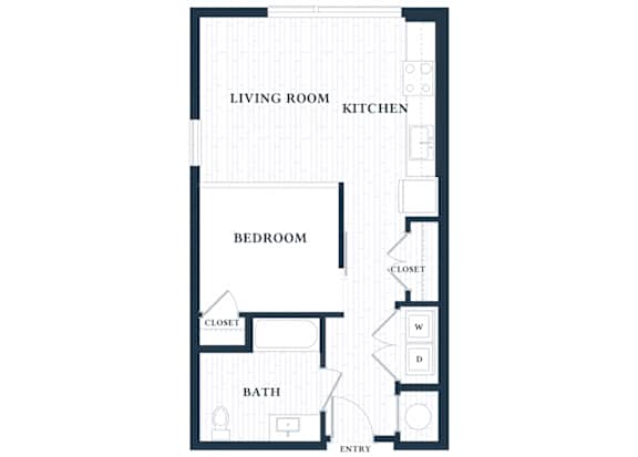 A floor plan of a small apartment with a living room, kitchen, bedroom, and bathroom.