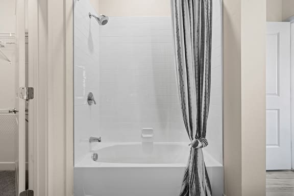 a bathroom with a bathtub and shower