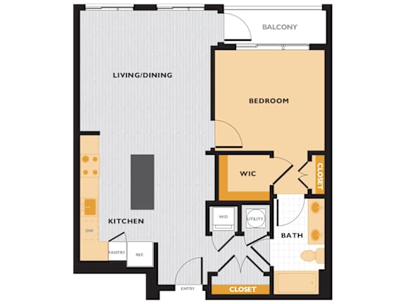 A floor plan of an apartment with a living room, kitchen, bathroom, and bedroom.
