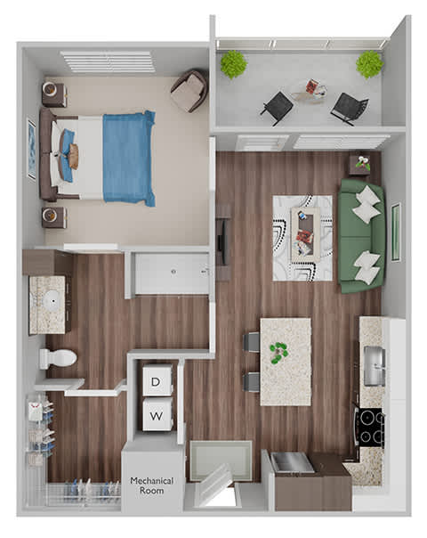 A08 - 1 Bed-1Bath - 3D floor plan
