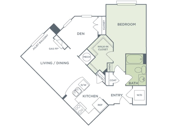 Urban Green Apartments A10 floor plan - 1 bed 1 bath - 2D
