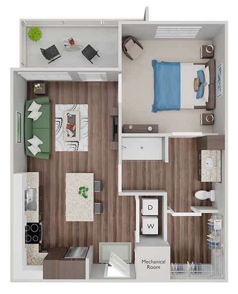 A10 - 1 Bed-1Bath - 3D floor plan